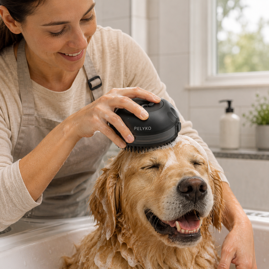Bain d’un chien avec une brosse de bain et du shampooing