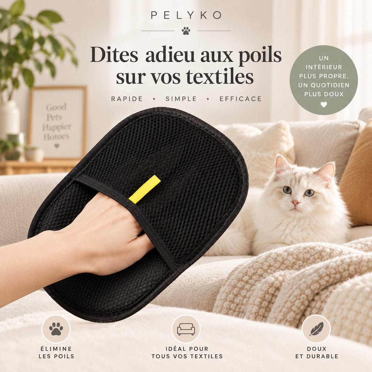 Gant anti-poils PELYKO pour textiles : canapé, plaid et vêtements