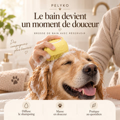 Brosse de bain PELYKO jaune à réservoir utilisée sur un golden retriever