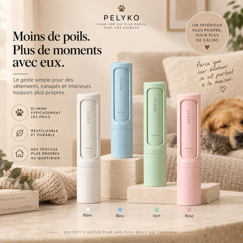 Collecteur de poils PELYKO réutilisable en quatre couleurs : blanc, bleu, vert et rose