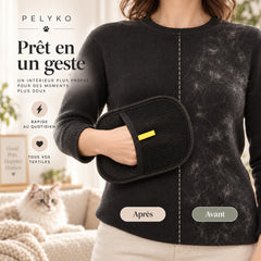 Avant et après : pull noir couvert de poils de chat nettoyé avec le gant anti-poils PELYKO