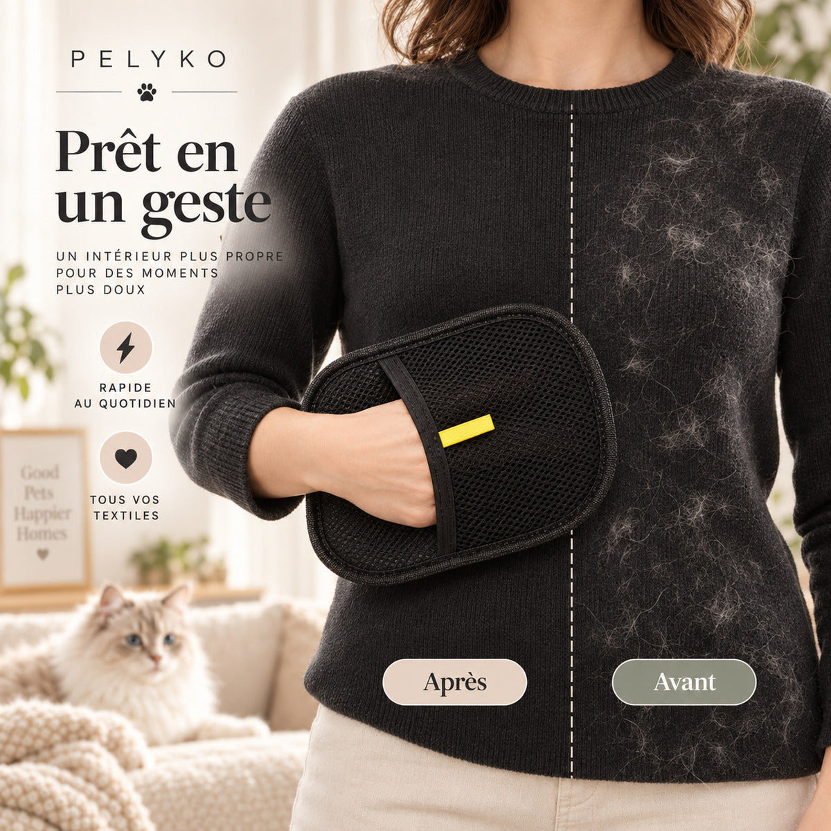 Avant et après : pull noir couvert de poils de chat nettoyé avec le gant anti-poils PELYKO