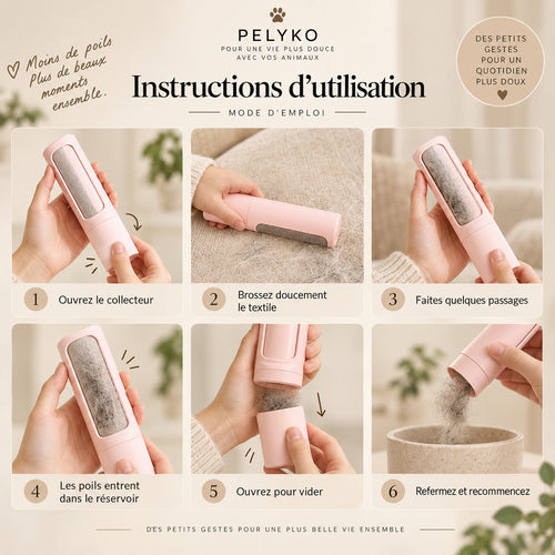 Mode d'emploi du collecteur de poils PELYKO en six étapes