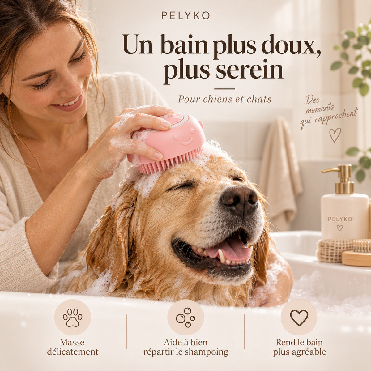 Bain d'un chien avec la brosse de bain PELYKO rose à réservoir de shampooing