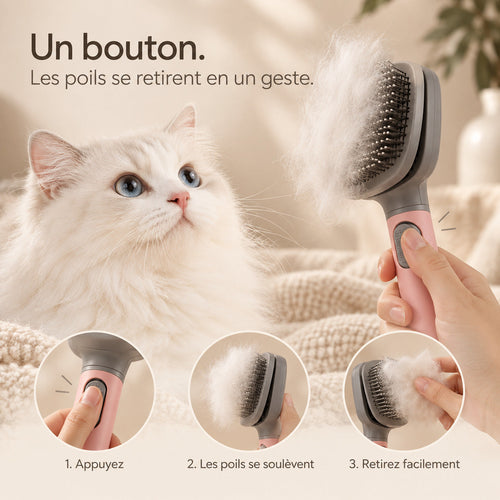 Brosse autonettoyante PELYKO : un bouton rétracte les picots et libère les poils morts en trois gestes