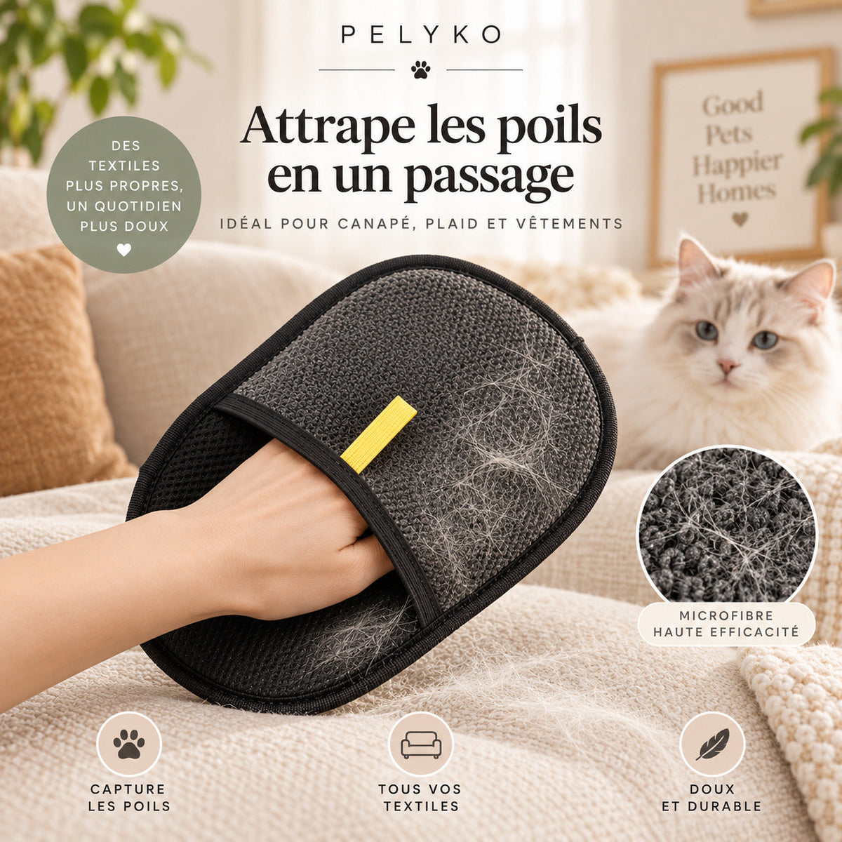 Gant anti-poils PELYKO en microfibre qui attrape les poils en un passage