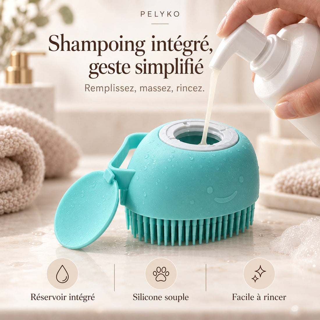 Remplissage du réservoir de shampooing de la brosse de bain PELYKO turquoise