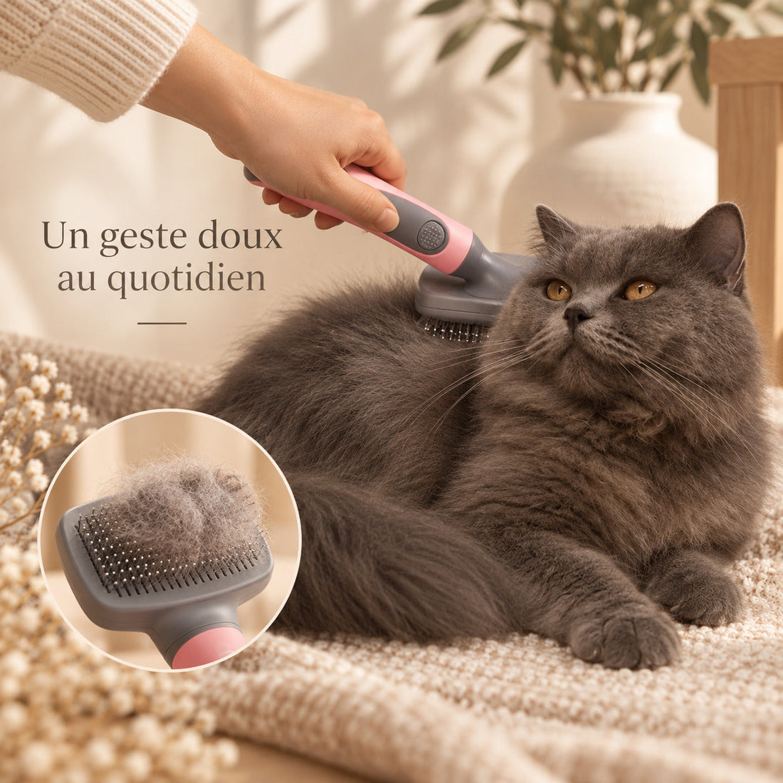 Brossage doux d'un chat à poil long avec la brosse autonettoyante PELYKO