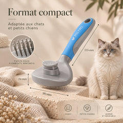 Format compact de la brosse PELYKO : 135 mm de long, tête de 99 mm, adaptée aux chats et petits chiens