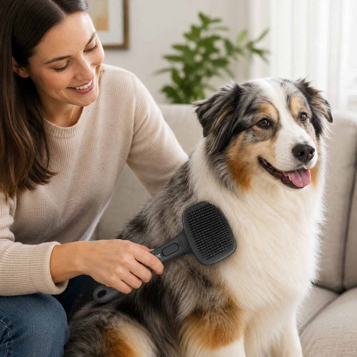 Brosse autonettoyante PELYKO utilisée sur un chien