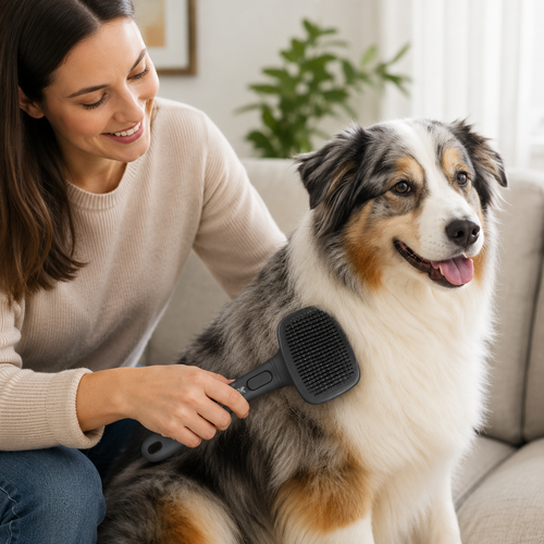Brosse autonettoyante PELYKO utilisée sur un chien