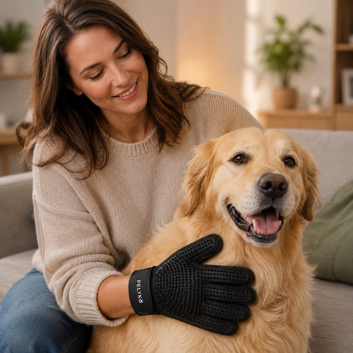 Gant de toilettage PELYKO utilisé sur un chien